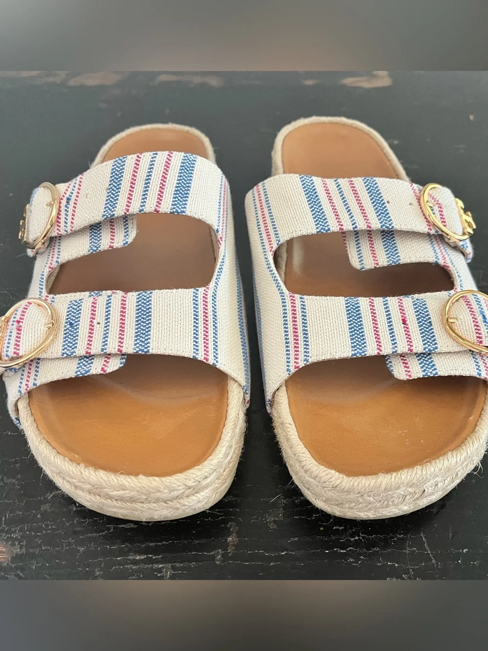 Tory Burch Striped Canvas Double-Buckle Slide Sandals size 8 selby